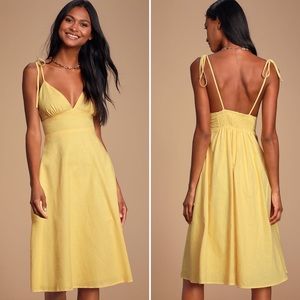 Lulu’s Style Refresh Yellow Linen Blend Midi Skater Dress | Size Small